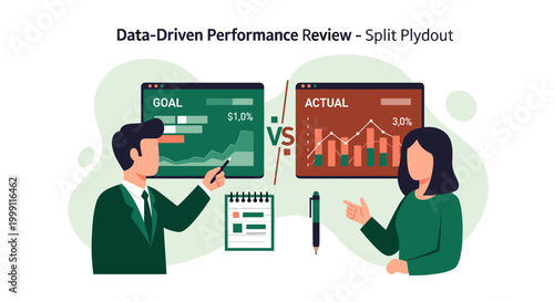 Corporate colleagues examine data-driven performance review charts comparing specific percentage goals and actual results on electronic display screens in a office space.