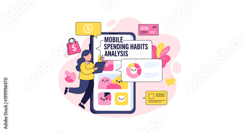 Woman interacts with a floating mobile phone interface showing spending habits analysis charts and shopping icons within a vibrant pink background environment setting.