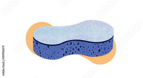 Blue cleaning sponge with a textured porous surface sits over a soft orange abstract shape for daily household maintenance chores.