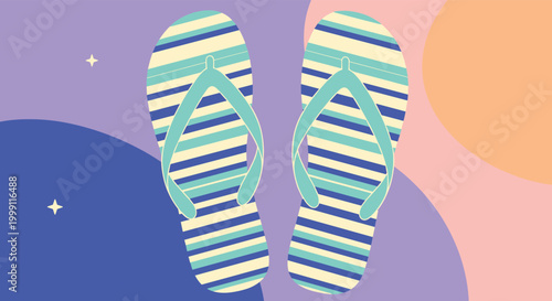 Pair of beach flip flops with a blue and cream horizontal stripe pattern is set against a colorful abstract wavy sky background.