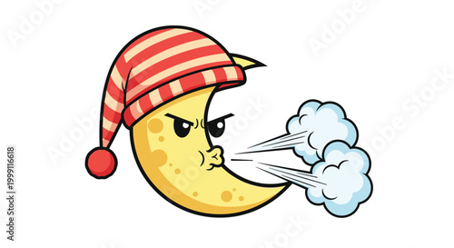 Angry yellow crescent moon character wearing a striped sleeping hat and blowing a strong gust of cold night wind.
