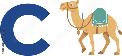 Camel illustration next to the letter C, perfect for educational materials about animals and the alphabet