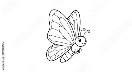 Simple and cute black and white line drawing of a smiling butterfly with large wings for children to color and enjoy.