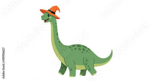 Cute green brontosaurus dinosaur wearing a bright orange witch hat for fun Halloween prehistoric celebration themes.
