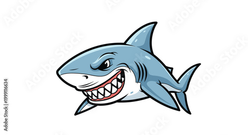 Fierce and aggressive blue shark character with a mean expression and sharp teeth swimming through the white background.