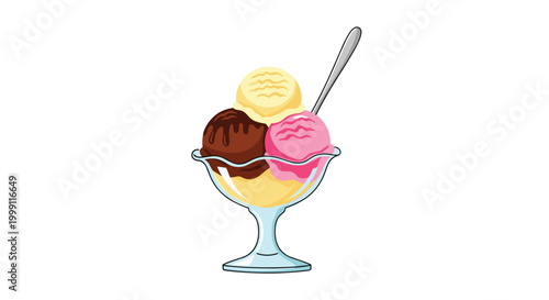 Delicious three scoops of vanilla chocolate and strawberry ice cream in a glass bowl with a spoon for summer treats.