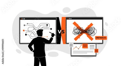 A businessman sketches efficient workflows on a screen while comparing them to chaotic obstacles depicted by an orange cross in a professional digital office setting today.