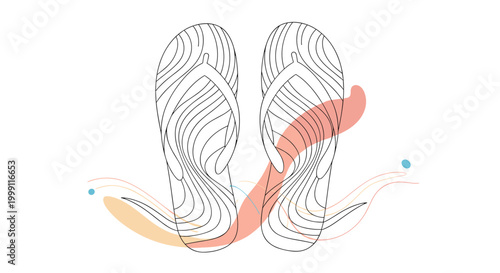 Artistic line drawing of a pair of flip-flops with wavy abstract colored shapes in the background for summer vacation vibes.