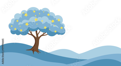 Whimsical tree with a blue cloud like canopy filled with glowing yellow stars set on a rolling blue hill landscape.