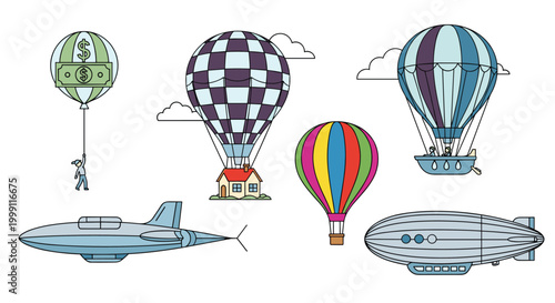 Assorted flying vessels including hot air balloons a blimp and futuristic aircraft glide through a sky filled with simple clouds.