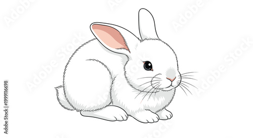 Detailed illustration of a fluffy white rabbit sitting peacefully in a crouched position showcasing soft fur and long pink ears.