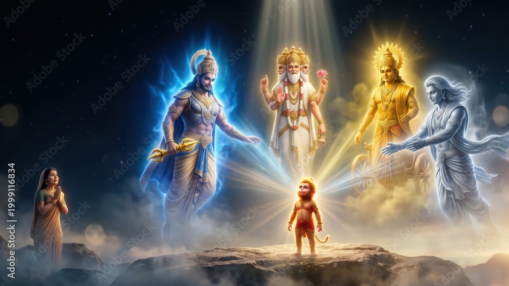 Naklejka premium Gods Bless Hanuman – Divine Childhood Boon Scene