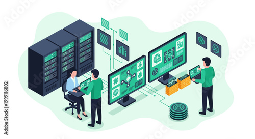 Two technical IT specialists operate computers and monitor data center server network infrastructure in a clean digital workspace with a soft light green background motif.