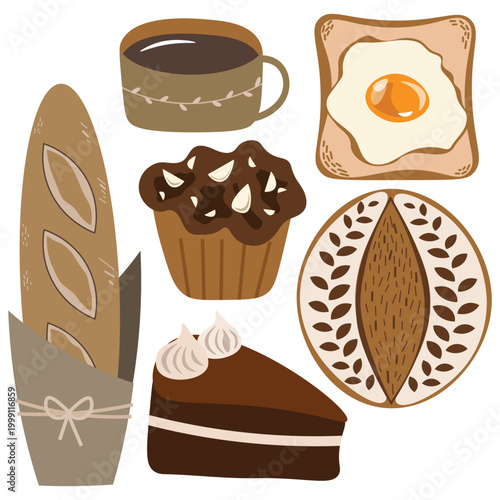 A cozy set of flat vector illustrations featuring bakery and coffee-themed items in warm brown tones, perfect for café branding, menus, packaging, and food-related digital designs.