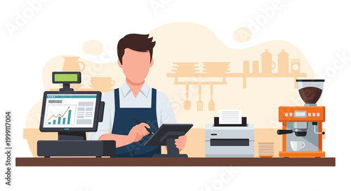 A barista wearing an apron performs administrative tasks on a small tablet at a cafe service counter equipped with a coffee machine and printer under warm ambient lighting.
