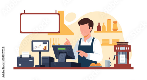 A male barista in a dark apron operates a modern point of sale system at a coffee shop counter with a printer and pastries in a brightly lit professional setting.