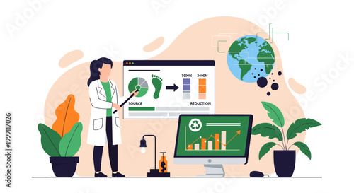 A professional scientist wearing a white coat presents environmental data regarding carbon footprint reduction on a digital screen in a clean modern laboratory environment.