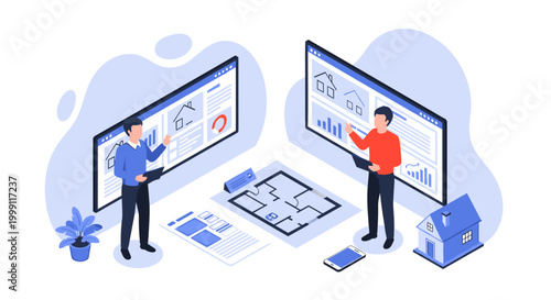 Professional real estate agents collaborate on property development projects using digital floor plans and 3D architectural models in a modern bright office environment.