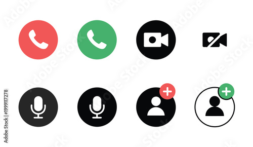 Video call icon set featuring online video chat controls, meeting interface buttons, conferencing and collaboration workspace design