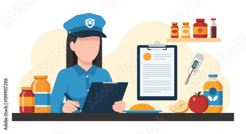 Health inspector verifies food safety standards and compliance records using a clipboard and digital thermometer in a regulated testing facility environment.