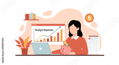 A woman manages her personal budget expenses on a laptop while saving money in a pink piggy bank at a desk with a rising financial chart in a warm office.