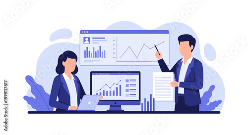 A man and a woman in business attire collaborate on a financial report with interactive data visualizations on a monitor in a clean and modern professional office setting.