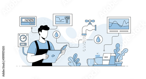 A male technician wearing a dark apron analyzes water flow data using a digital tablet next to various measurement instruments and plumbing fixtures in a modern workspace.