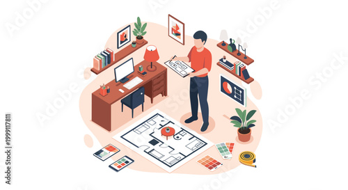 A professional interior designer reviews architectural blueprints while standing in a modern creative workspace featuring a wooden desk and organized color sample palettes.