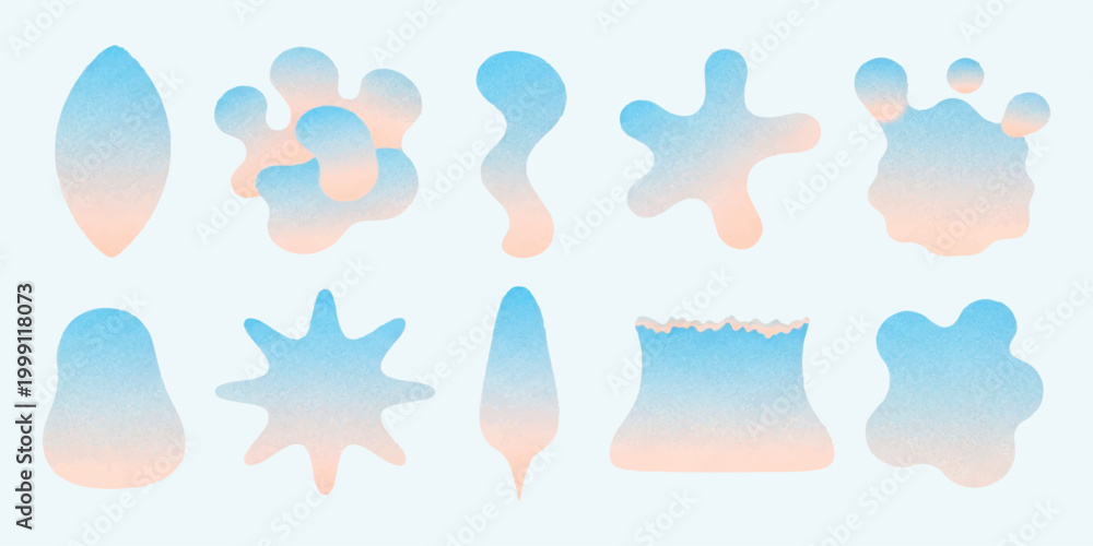 Fototapeta premium Set of abstract organic shapes with blue and pink grainy gradient texture