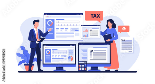 Business professionals analyze complex financial tax documents and interactive digital data dashboards in a modern office environment with soft purple and blue color tones.
