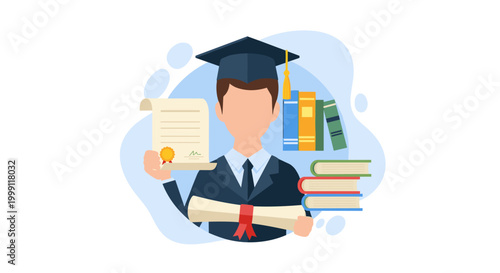 An academic graduate in traditional cap and gown displays a signed diploma and a certificate next to a collection of stacked educational books in soft light.