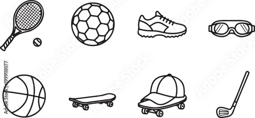 Set of simple vector icons of sports balls and equipment Vector