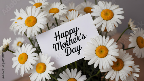 A bouquet of white daisies with a Happy Mother's Day card on a gray background
