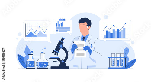 A male scientist in a clean laboratory coat meticulously reviews data on his clipboard while working with a microscope and scientific glass equipment in a bright research facility.