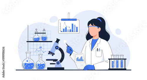 A professional female researcher in a white lab coat evaluates experimental findings on a chart while standing in a modern laboratory filled with diverse glass chemistry equipment.