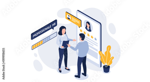 A human resources professional discusses a candidate profile and star rating on a large digital tablet during a job interview in a clean and bright corporate office environment.