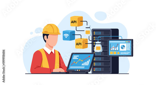 A systems engineer wearing a yellow safety hard hat manages server infrastructure and API data flows on a computer screen within a modern and high-tech digital computing facility.