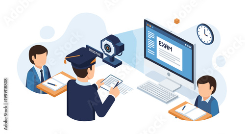 An academic proctor in a graduation cap oversees a remote student taking a test while a camera captures the workspace in a clean and bright corporate office environment.