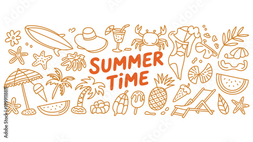 Summer vacation doodle illustration set, beach and sea travel elements, hand drawn vector illustration, palm tree, fruit, lobster, seafood, shell, bikini, and cocktail, coastal collection for cards.