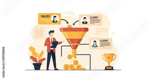 A business professional manages a sales funnel with client profiles feeding into the process while golden coins drop into a collection pile near a trophy award.
