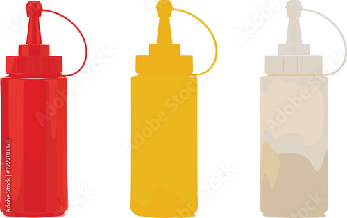 Plastic squeeze sauce bottles set ketchup mustard and mayonnaise condiment containers vector illustration food packaging design isolated