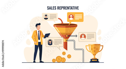 A male sales representative stands beside an orange funnel graphic with floating character icons and a golden trophy on a soft beige background in a modern business-style illustrat