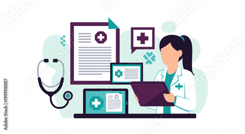 A medical professional examines a tablet while surrounded by various digital documents and health symbols on a calm grey background in a clean flat vector illustration.
