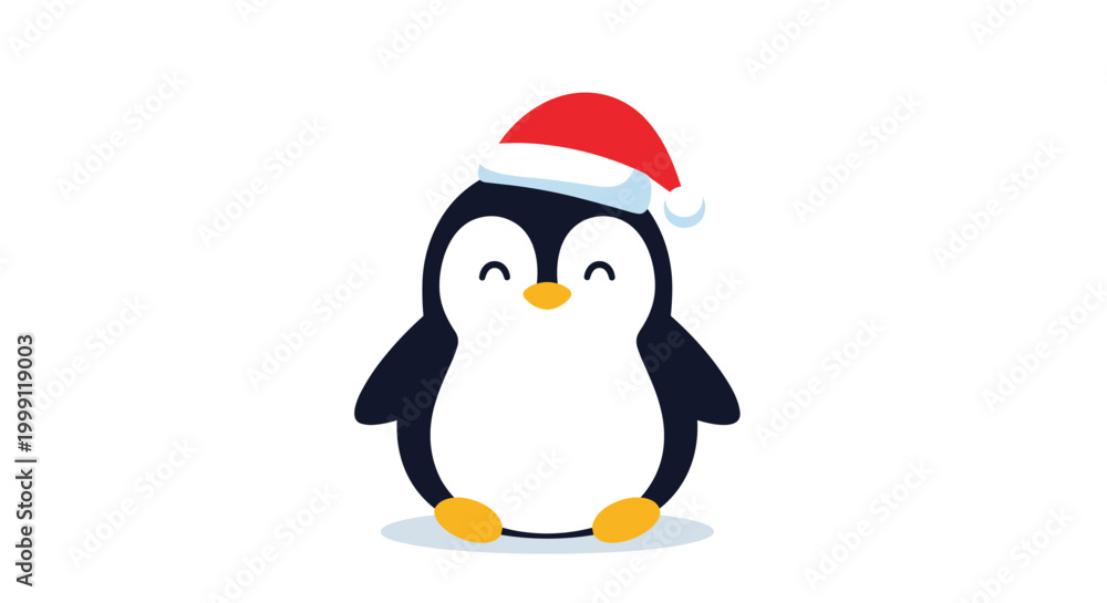 Fototapeta premium Cute cartoon penguin wearing red Santa hat with happy closed eyes and orange feet on white background for winter holidays.