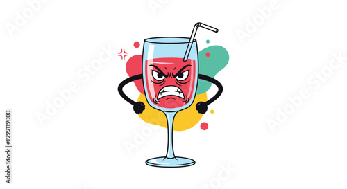 Grumpy cartoon glass of red juice character with arms on hips showing angry facial expression on white background.