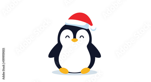 Cute cartoon penguin wearing red Santa hat with happy closed eyes and orange feet on white background for winter holidays.
