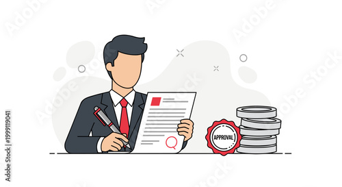 A professional businessman wearing a formal suit sits at a clean desk and uses a pen to sign a contract document while a stack of silver coins sits nearby in bright light.