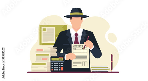 An accountant wearing a dark hat and suit fills out a tax form at a desk with a calculator and a large stack of documents against a light neutral colored background.