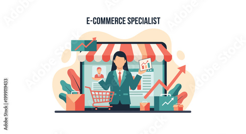 A professional e-commerce specialist stands behind an online shop interface with analytical data and a shopping cart in a modern flat design digital illustration.