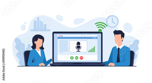 A business man and woman sit at a desk during a virtual video conference on a laptop with a microphone icon in a bright professional office environment.